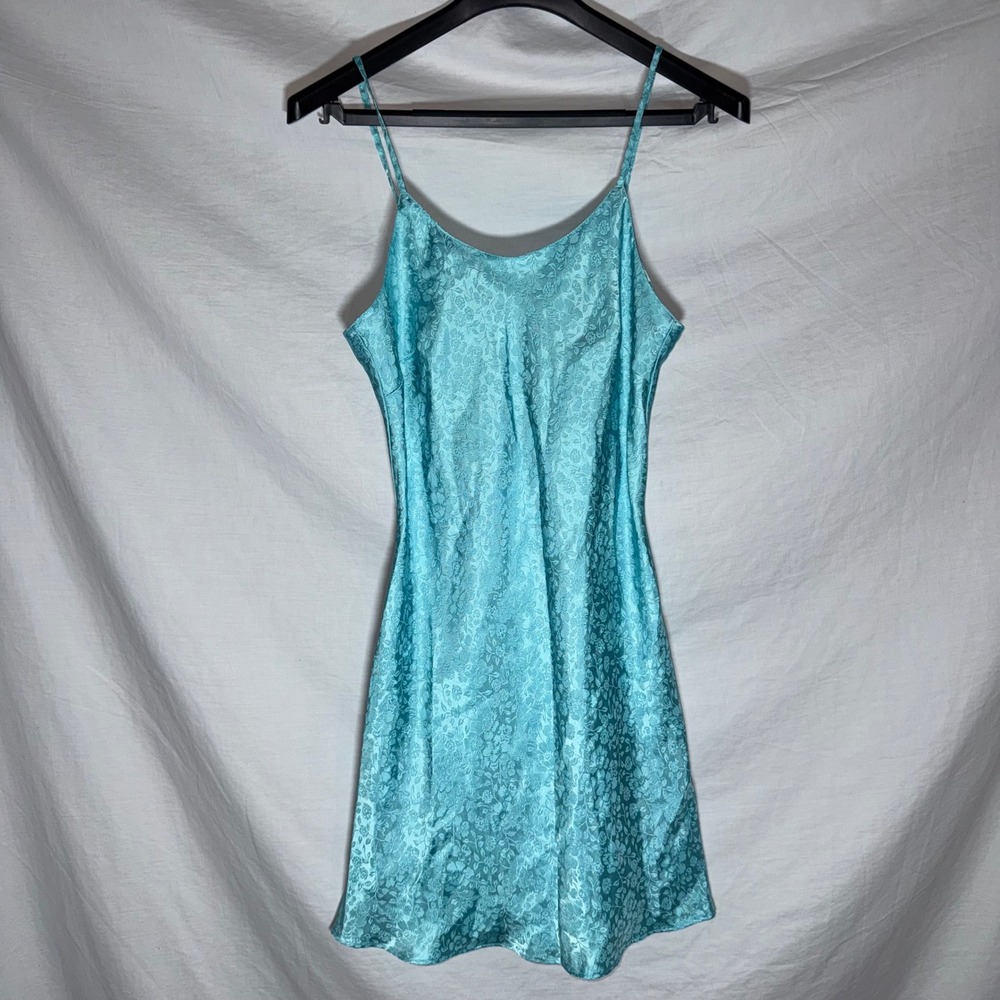 Secret Treasures Diva Teal Floral Jacquard Satin Slip Dress Corset Back Small